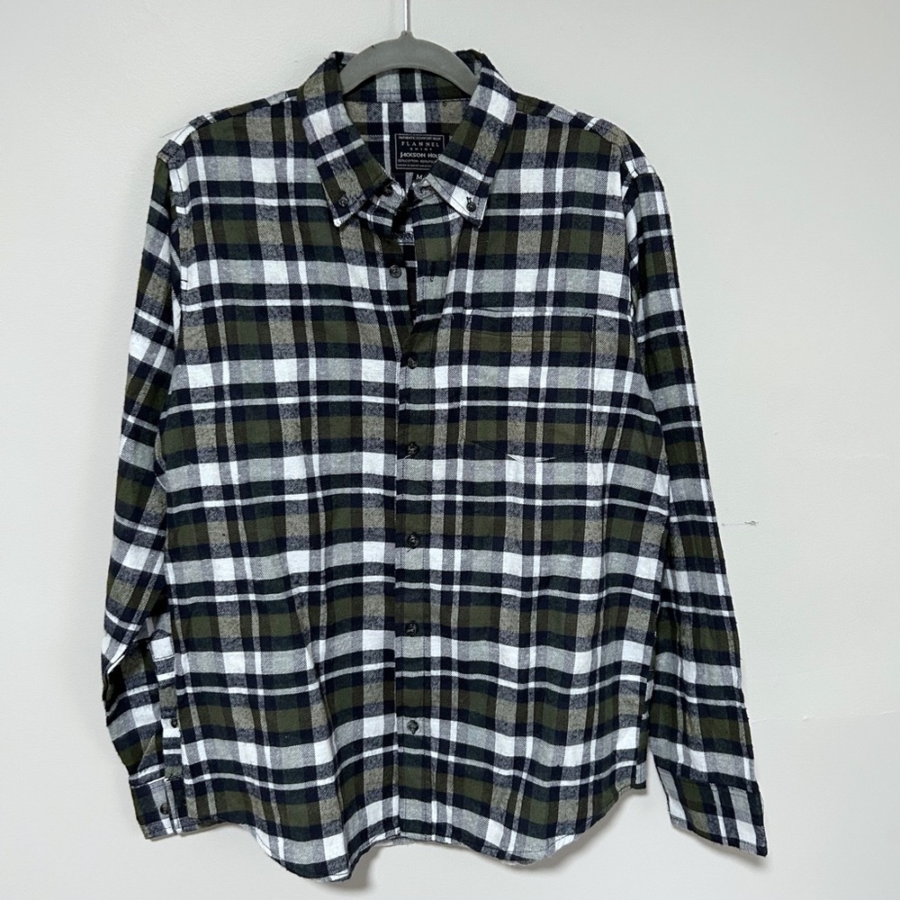 New Jackson Hole Flannel Button Down Shirt Men’s Medium Green Black White Plaid